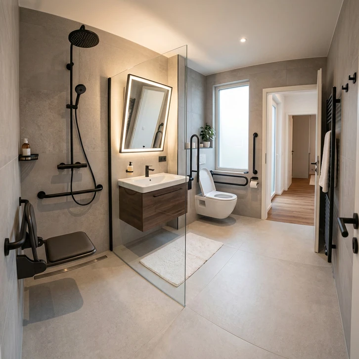 Salle de bain moderne minimaliste avec baignoire encastrée, douche à l'italienne vitrée, double vasque suspendue et toilettes murales